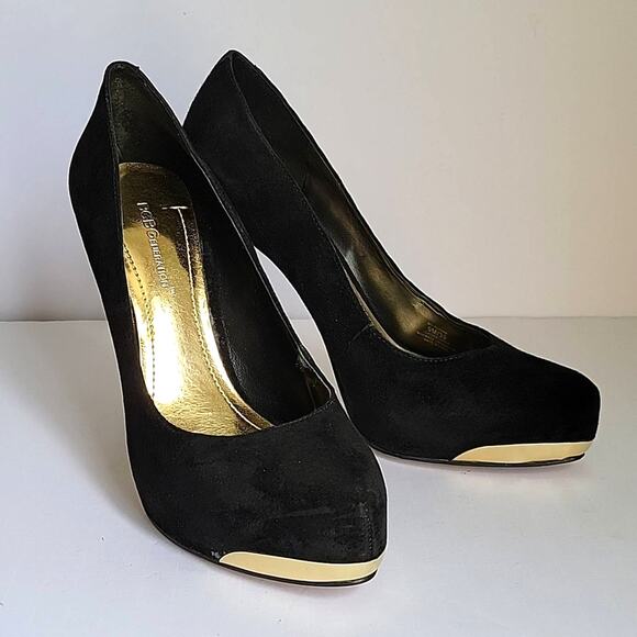 BCBGENERATION Platform Heels Women's 9M Black Suede Gold Trim Glamour Hollywood - Picture 1 of 7